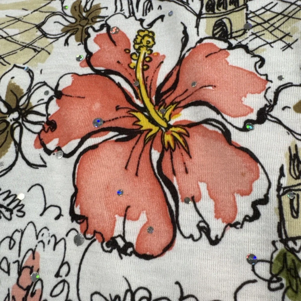 Cathy Daniels L Tropical Hibiscus Print Sparkle Embellished Stretch Top‎ - Picture 3 of 9